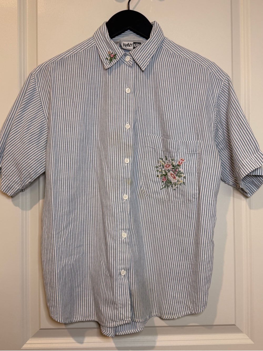 Blue Stripe Short-Sleeve Button-Up Shirt with Embroidered Pocket